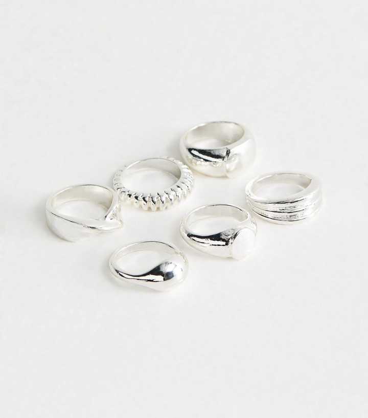 Pack of 6 Silver Tone Chunky Signet Rings
