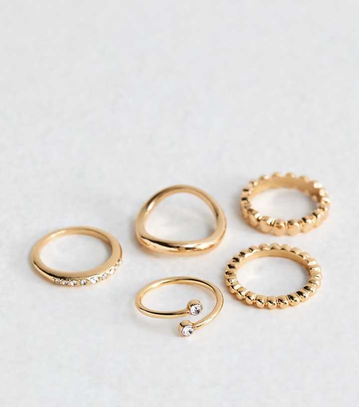 Pack of 5 Gold Tone Textured Diamante Rings
