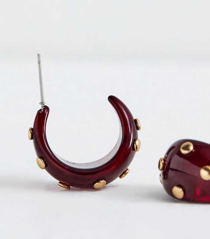 Burgundy Resin Studded Open Hoop Earrings