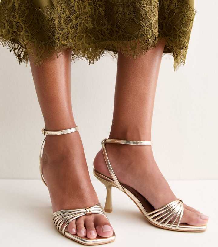 Gold Faux Leather Multi Strap Two Part Stiletto Heel Sandals