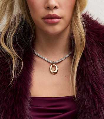 Gold Tone Chunky Diamante Rope Oval Pendant Necklace