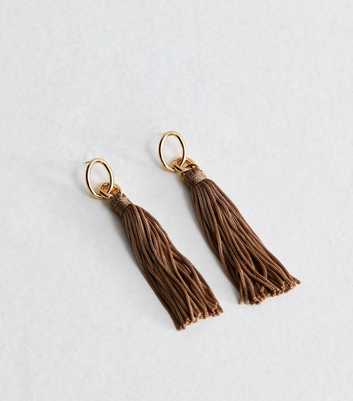 Gold Tone Brown Oval Stud Tassel Drop Earrings