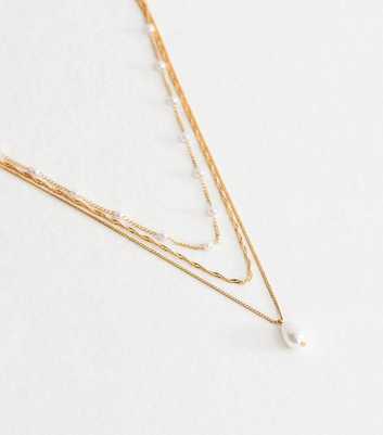 Gold Tone 3 Layer Faux Pearl Chain Neckalce