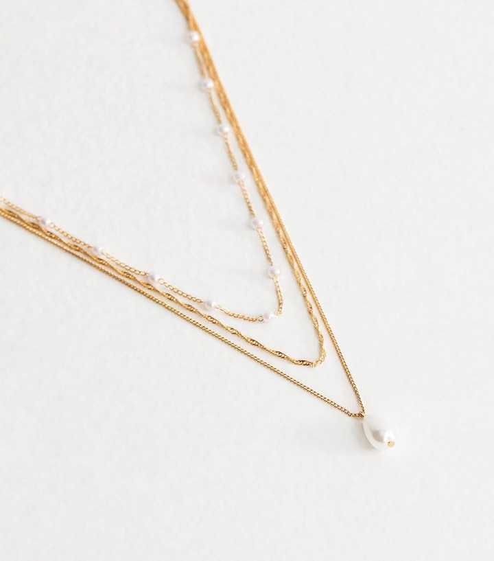 Gold Tone 3 Layer Faux Pearl Chain Neckalce