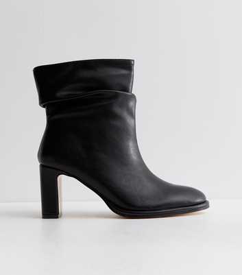 Black Faux Leather Slouchy Block Heel Ankle Boots
