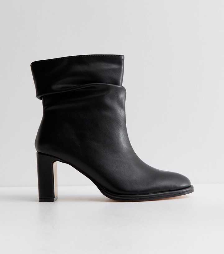 Black Faux Leather Slouchy Block Heel Ankle Boots