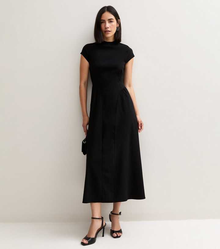 Black Bengaline Cap Sleeve Flared Midi Dress