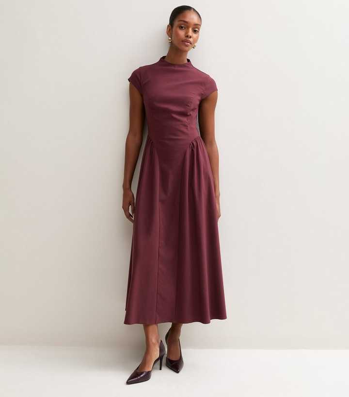 Dark Burgundy Cap Sleeve Flared Midi Dress