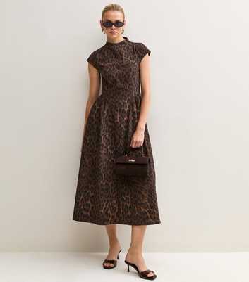 Brown Leopard Print Cap Sleeve High Neck Midi Dress