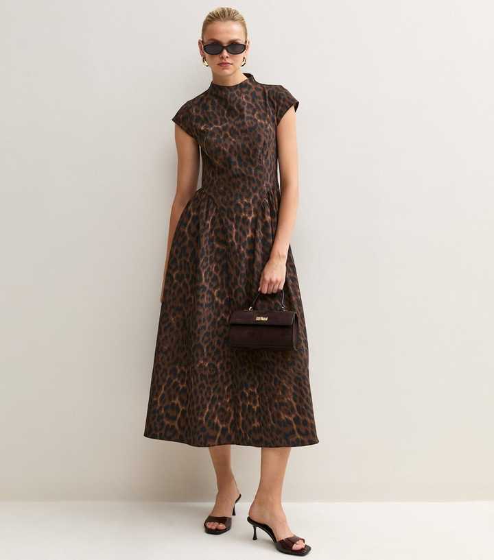 Brown Leopard Print Bengaline Cap Sleeve High Neck Midi Dress