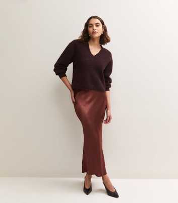 Tall Dark Brown Satin Crinkle Texture Midi Skirt