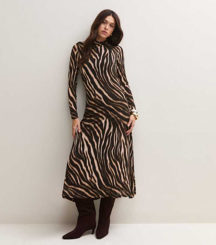 Brown Zebra Print Long Sleeve Midi Dress
