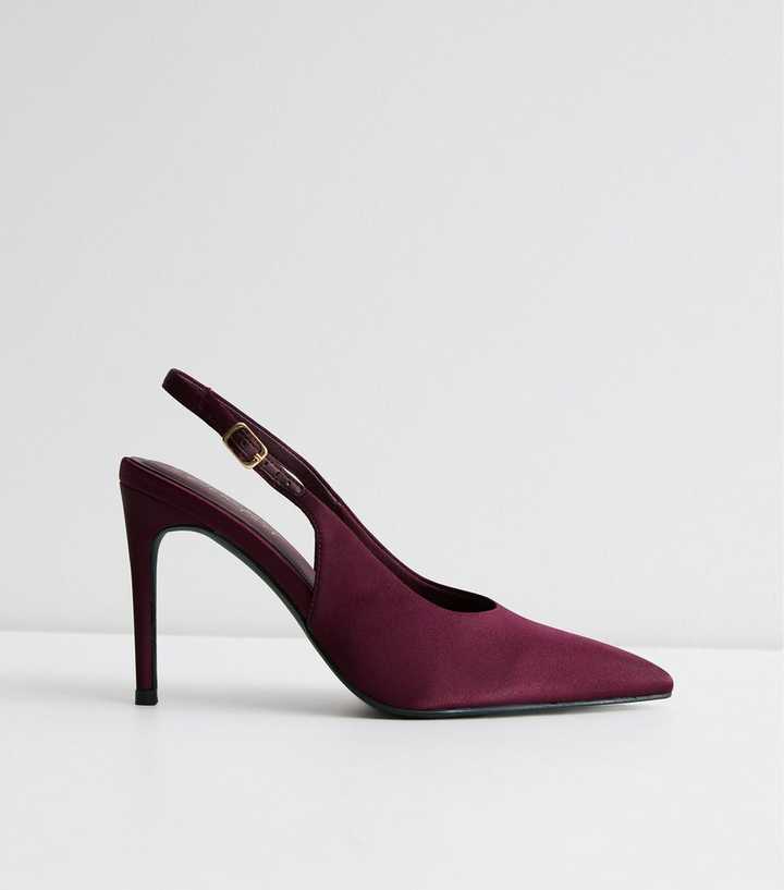 Dark Burgundy Satin High Vamp Slingback Court Shoes