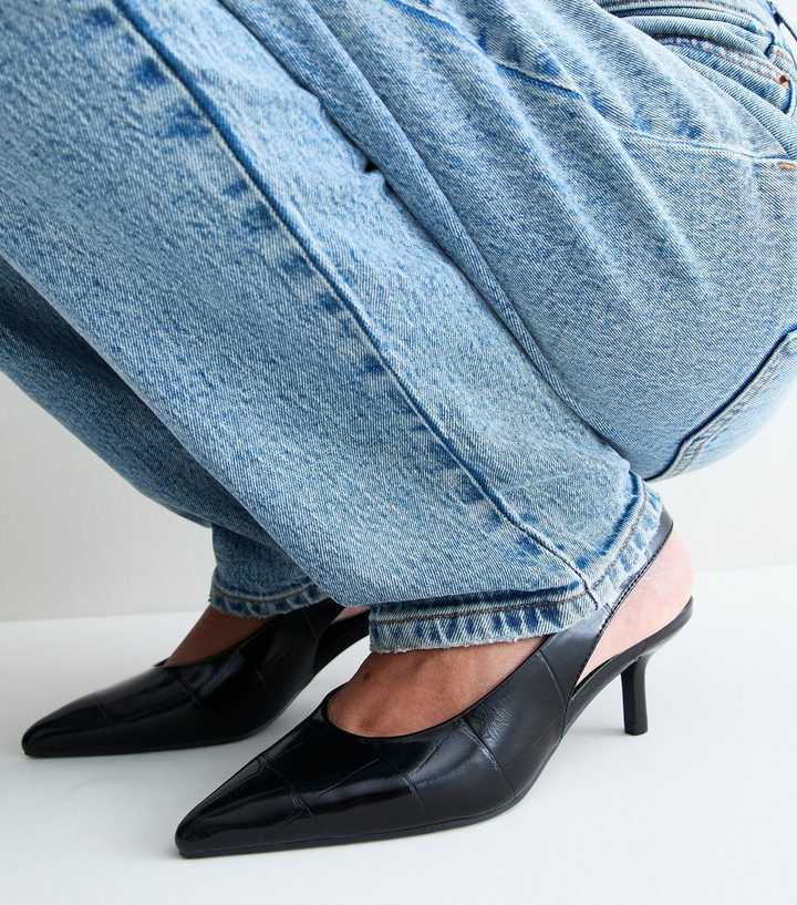 Black Patent Faux Leather Slingback Crocodile Embossed Heels