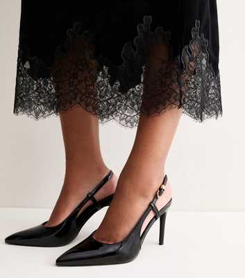 Black Patent Faux Leather Buckle Slingback Pumps