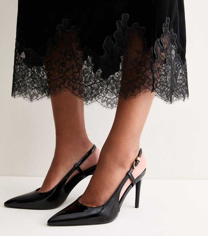 Black Patent Faux Leather Buckle Slingback Pumps