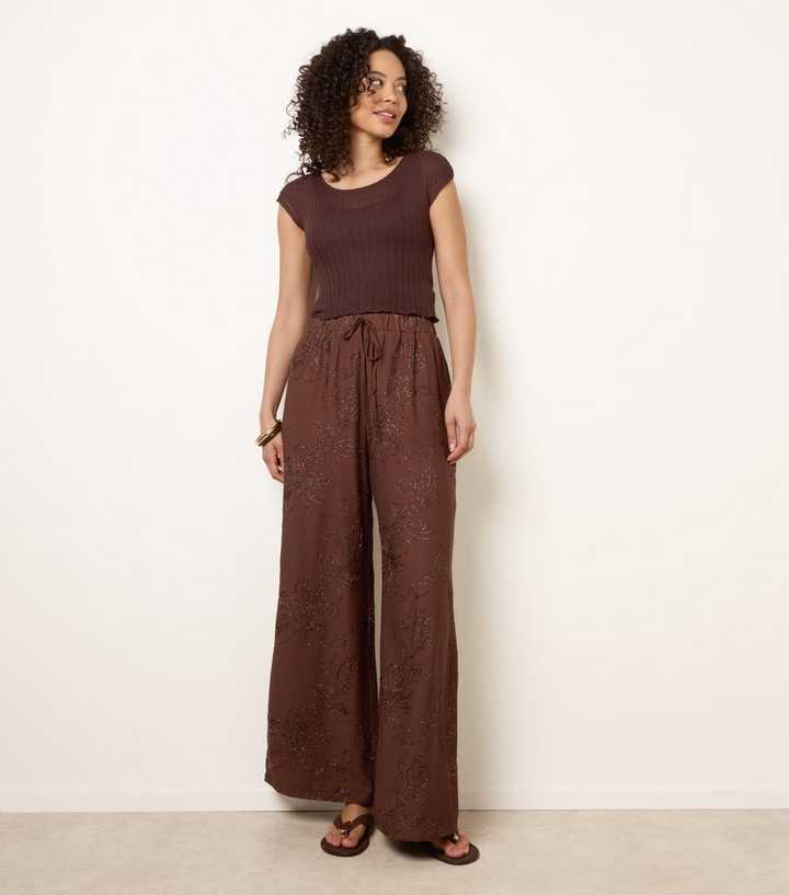 Blue Vanilla Dark Brown Embroidered Wide Leg Trousers
