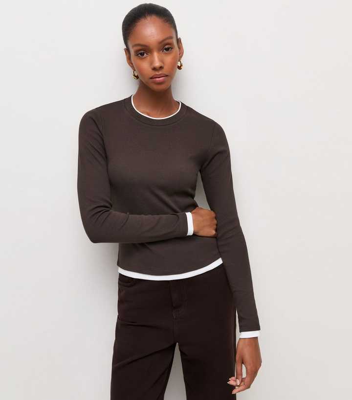 Dark Brown Cotton Rich Double Layer Long Sleeve Top