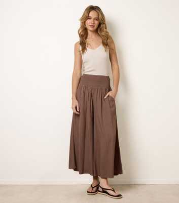 Blue Vanilla Light Brown Striped Shirred Waist Wide Leg Trousers