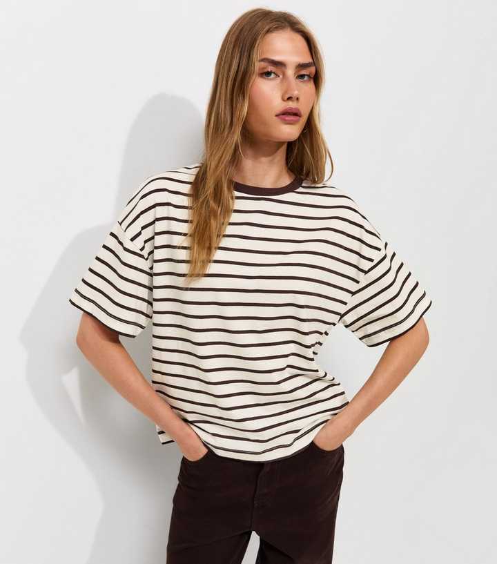 Brown Cotton Striped Oversized Boxy Fit T-Shirt