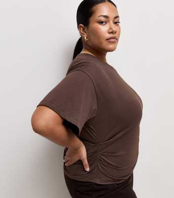 Curves Dark Brown Ruched Sides Corset Waist T-Shirt