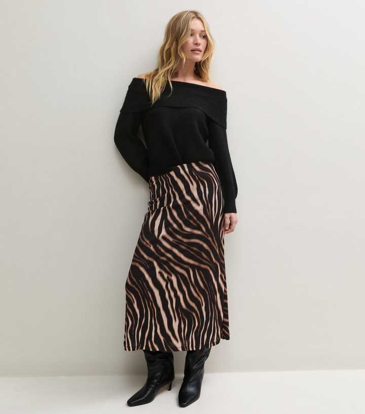 Brown Zebra Print Satin Midi Skirt