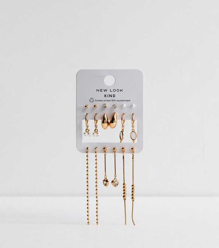 Pack of 9 Gold Tone Mixed Stud, Hoop and Drop Earrings