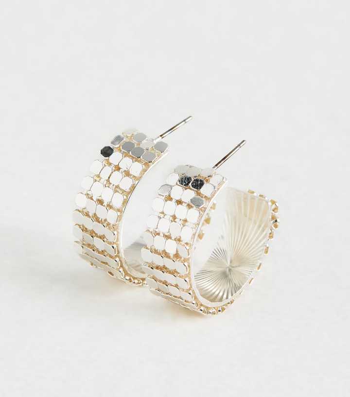 Silver Tone Metal Mesh Chunky Hoop Earrings