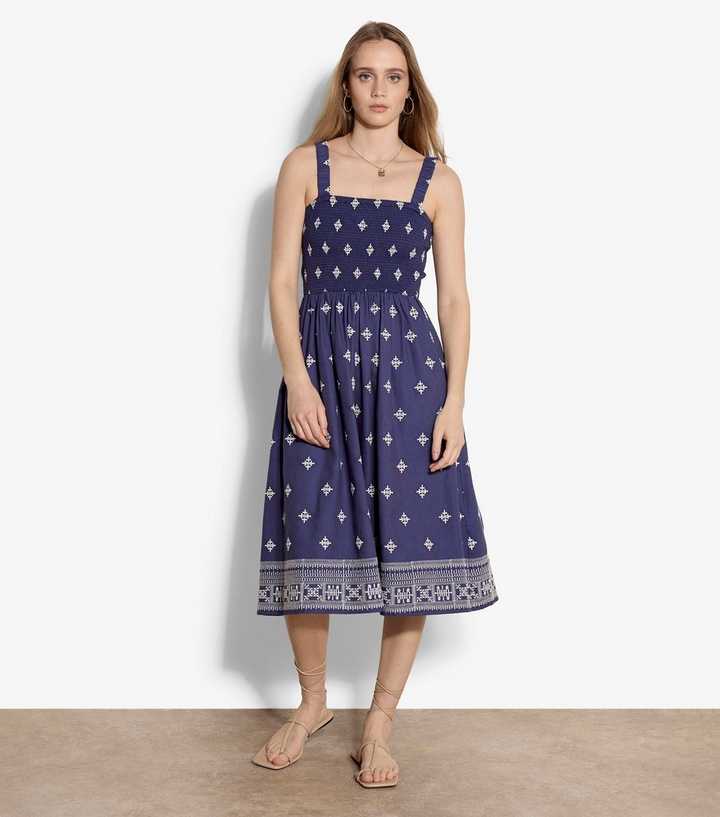 Apricot Blue Embroidered Ruched Strap Midi Dress
