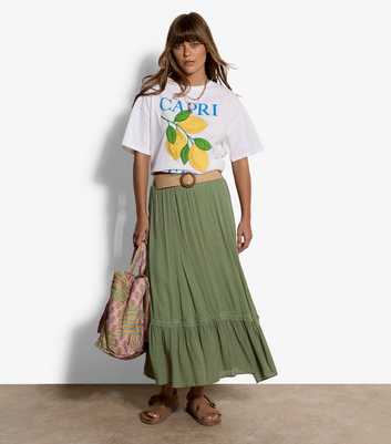Apricot Light Green Lace Trim Tiered Midi Skirt