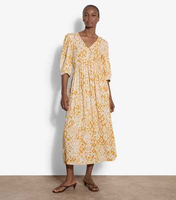 Apricot Yellow Abstract Print Cropped Sleeve Midi Dress