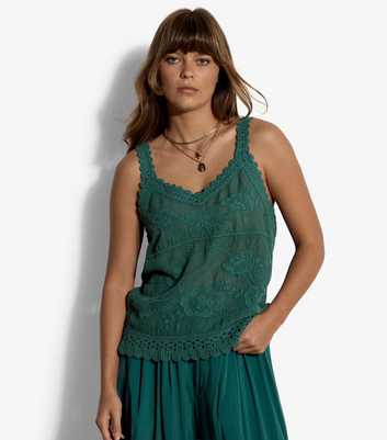 Apricot Green Floral Embroidery Crochet Cami Top