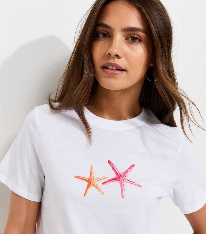 White Cotton Starfish Print Relaxed T-Shirt