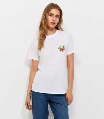 White Cotton Strawberry Print Relaxed T-Shirt