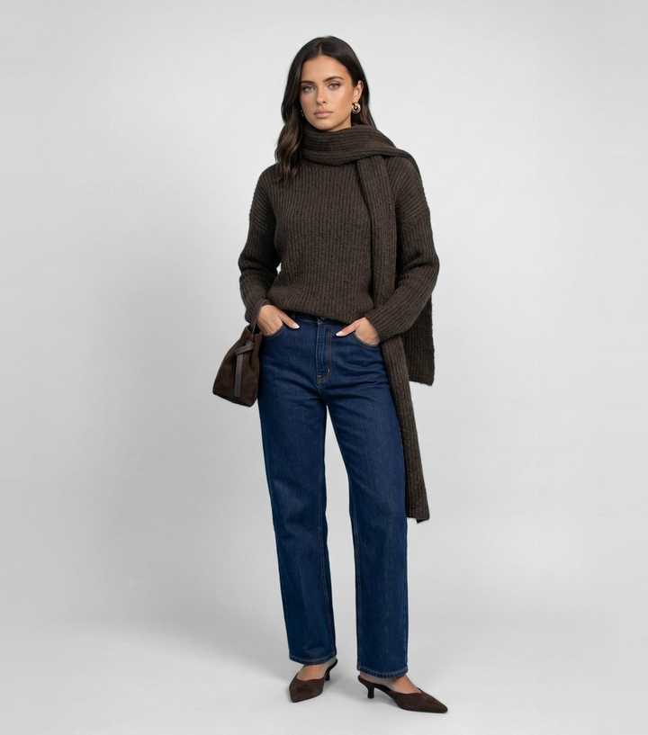 Urban Bliss Brown Ribbed Scarf Detail Jumper