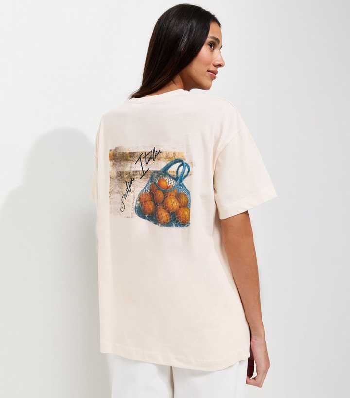 Off White Cotton Orange Print Oversized T-Shirt