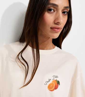 Off White Cotton Orange Print Oversized T-Shirt