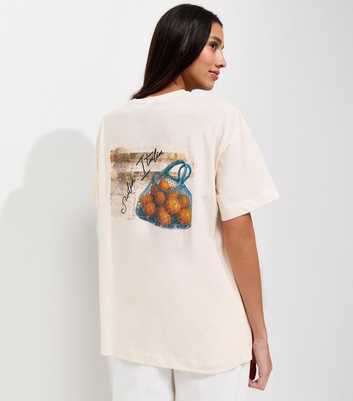 Off White Cotton Orange Print Oversized T-Shirt
