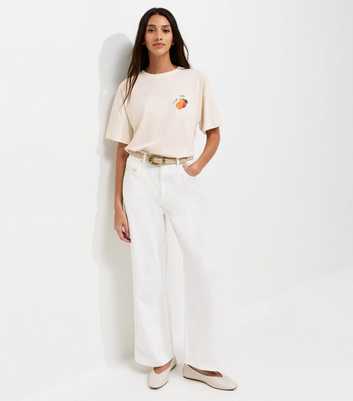 Off White Cotton Orange Print Oversized T-Shirt