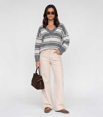 Urban Bliss Grey V-Neck Striped Jumper
