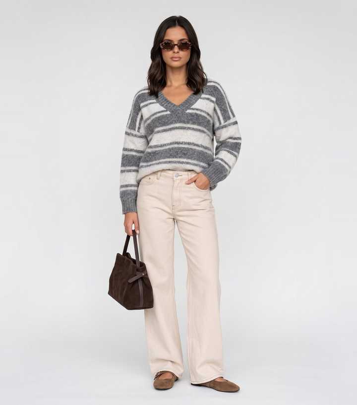 Urban Bliss Grey V-Neck Striped Jumper