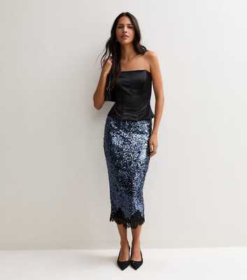 Mid Blue Sequin Lace Trim Midi Pencil Skirt