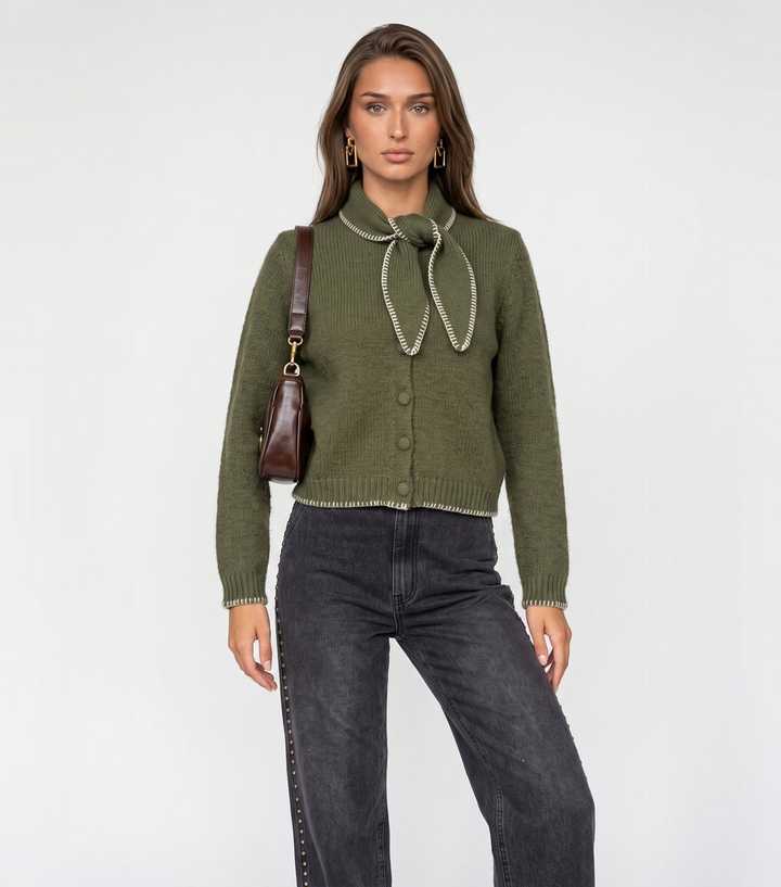 Urban Bliss Light Khaki Contrast Trim Scarf Detail Cardigan