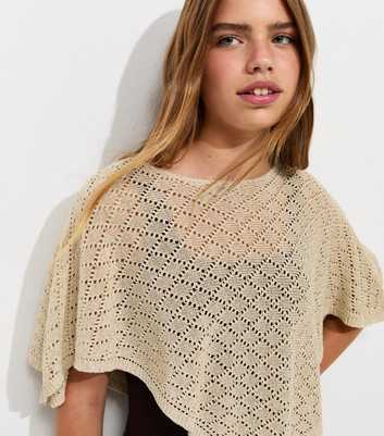 Girls Cream Sparkly Pointelle Knit Poncho