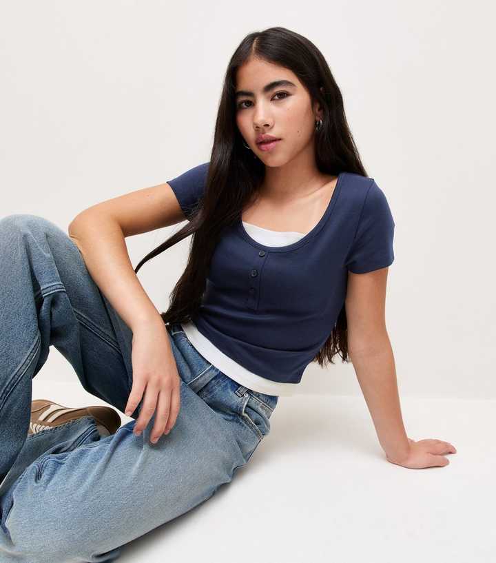 Girls Navy Cotton Rich 2 In 1 Henley Short Sleeve T-Shirt