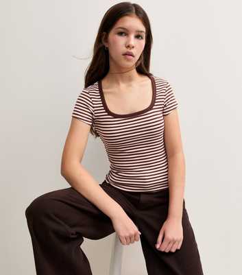 Girls Brown Cotton Rich Striped Square Neck T-Shirt
