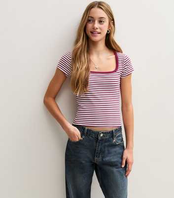 Girls Red Striped Cotton Rich Square Neck T-Shirt