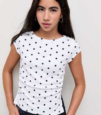 Girls Cotton Rich Spot Print Split Side Ruched Cap Sleeve Top