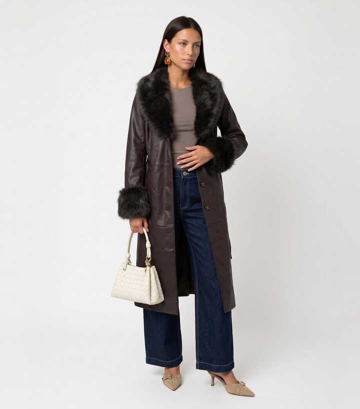 Urban Bliss Brown Faux Fur Cuff Faux Leather Jacket