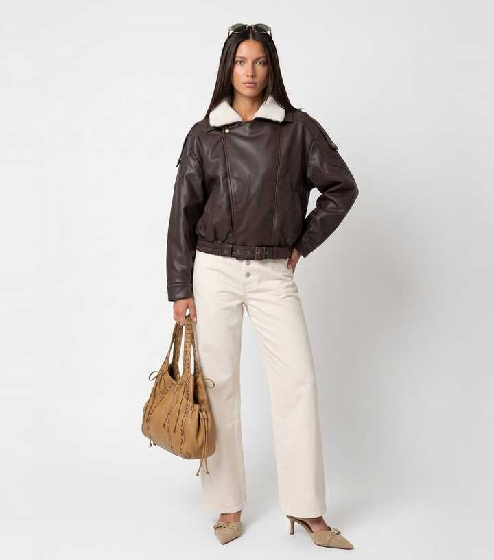 Urban Bliss Brown Borg Collar Faux Leather Bomber Jacket